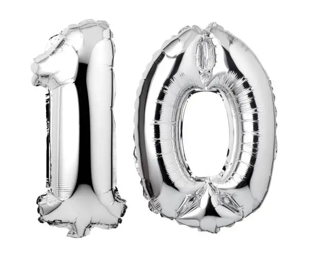 Number 10 of silver foil balloon isolated on a white background