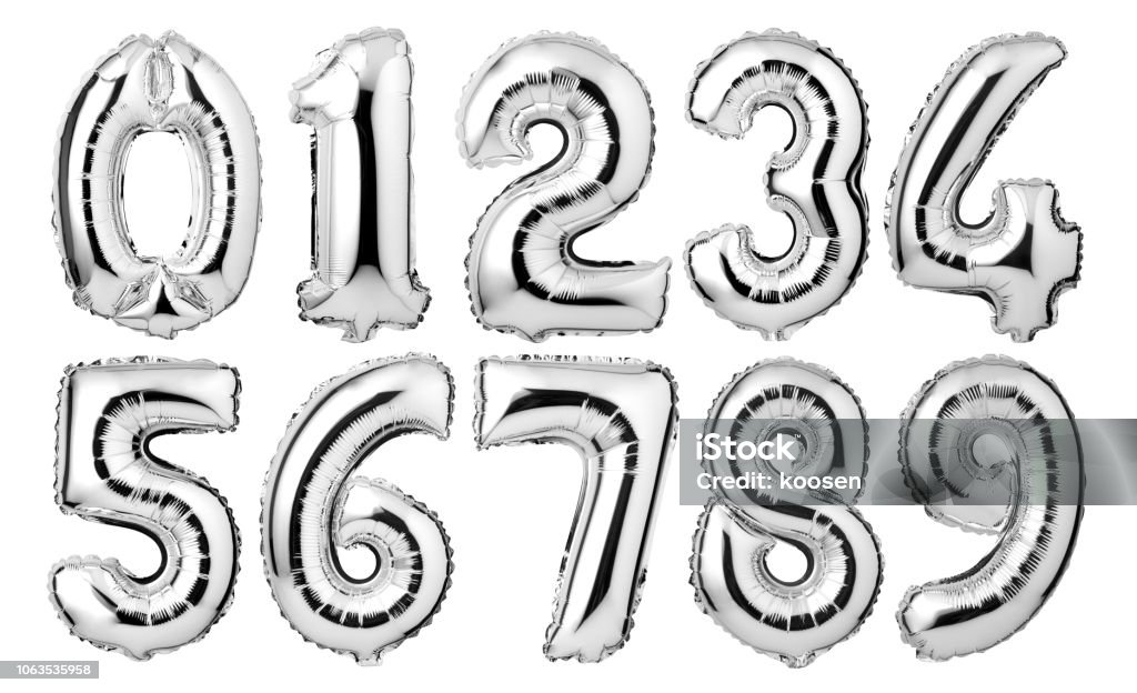 Silver numbers balloons Silver numbers balloons isolated on white background Balloon Stock Photo