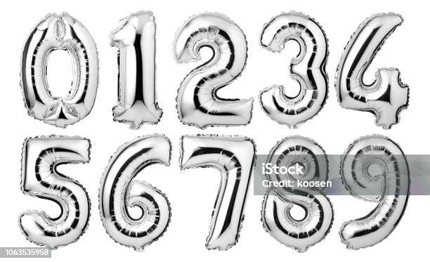 Silver Numbers Balloons Stock Photo - Download Image Now - Balloon, Number, Foil - Material