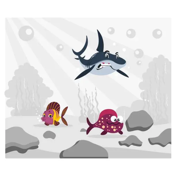 Vector illustration of various kinds of fish shark, snapper and angelfish are gathering together in the gray sea, cartoon character