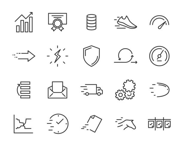 prosty zestaw zwinnych ikon linii wektorowych, zawiera takie lcon jak prędkość, zwinność, wzmocnienie, proces, czas i więcej - linear accelerator stock illustrations