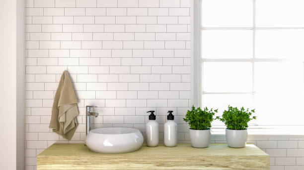 istock modern bathroom interior design,sink,toilet,shower,home 3D rendering for copy space background white tile bathroo and Ornamental Plants 1063583742