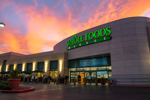 Las Vegas, Nevada, USA - November 04, 2018: Whole Foods Market on Las Vegas Blvd in Las Vegas  Nevada. Whole Foods is an American foods supermarket chain specializing in natural and organic foods. Its headquarters is in Austin  Texas. Amazon bought the Whole Foods Market chain in August 2017.