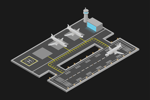 Isometric airport transportation, aircraft vector illustrations and airports