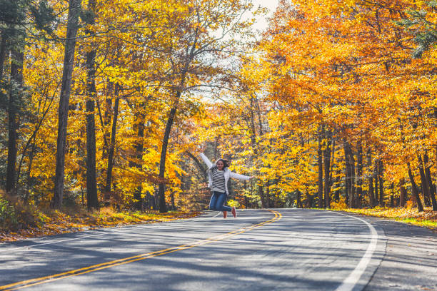 Happy woman in the middle of the road with autumn leaves Happy woman in the middle of the road with autumn leaves beautiful multi colored tranquil scene enjoyment stock pictures, royalty-free photos & images