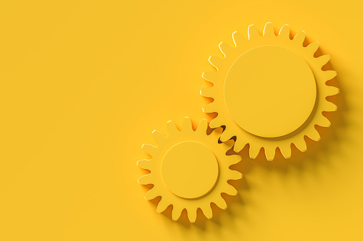 The gear middle area enter for your text yellow background, minimal concept 3d render.