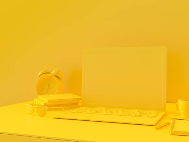 istock Minimal concept, Laptop on table Work desk yellow color 1063592752