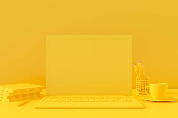 istock Minimal concept, Laptop on table Work desk yellow color 1063592774