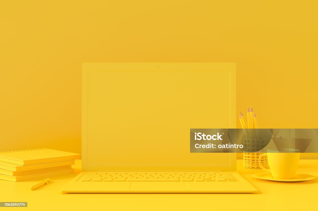 Minimal concept, Laptop on table Work desk yellow color Minimal concept, Laptop on table Work desk yellow color and mock-up for your text with notebook cup coffee mouse sunglasses and clock. 3d render. Yellow Stock Photo