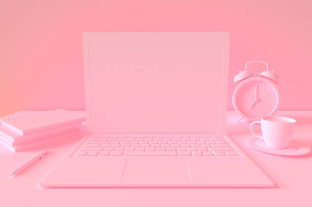 Minimal concept, Laptop on table Work desk pink pastel