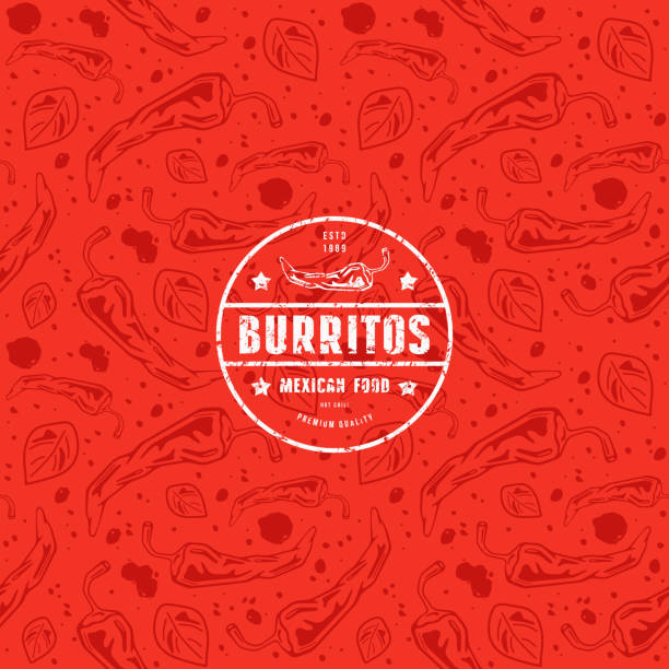Seamless pattern and emblem for mexican restaurant Seamless pattern and emblem for mexican restaurant. Design with images of chili pepper. White label on red background mexican culture stock illustrations