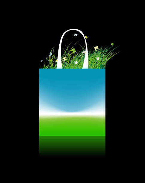 Shopping bag design, green field and sky vector art illustration