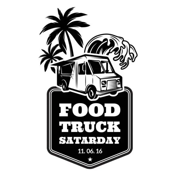Vector illustration of Template for advertising in retro style on a food festival theme with food track, palm trees and water wave. Vector monochrome illustration.