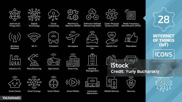 Vector Editable Stroke Line Internet Of Things Icon Set On A Black Background With Wireless Network And Cloud Computing Digital Iot Technology Smart Home City Healthcare Business Thin Outline Sign Stock Illustration - Download Image Now