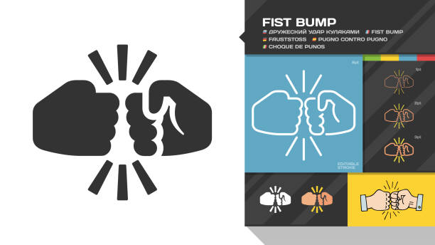 Vector fist bump flat silhouette and editable stroke icon of two fight hand or together punch for business team, partnership and dispute color sign. vector art illustration