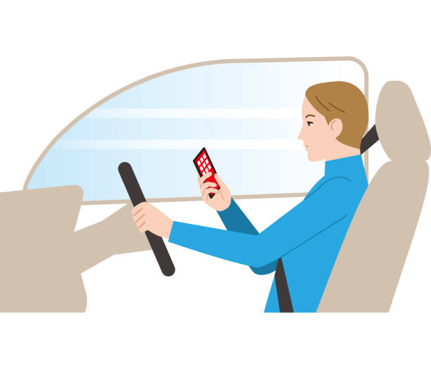 опасное вождение. вождение во время просмотра смартфона. - car driving men people stock illustrations
