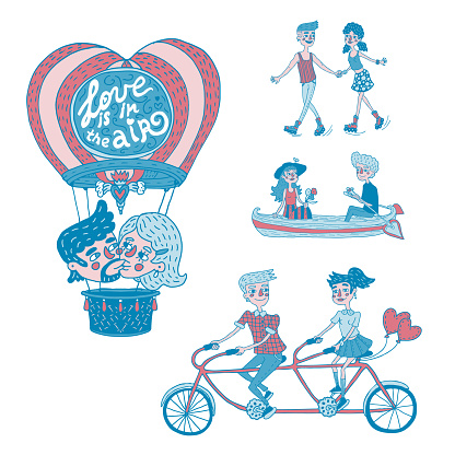 Collection of hand drawn illustrations depicted happy young couples in outdoor activities. Isolated vector designs for Valentine's day in red and blue colors