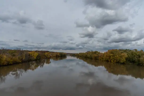 Beautiful panoramic Wabash river vista in Lafayette, Indiana, in autumn