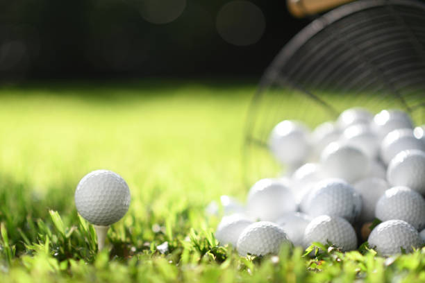 istock Golf ball on tee and golf balls in a basket on green grass for practice 1063615976