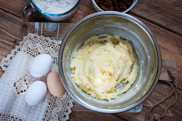 istock Step-by-step preparation of a raisin cake - mixing the necessary ingredients, top view 1063621344