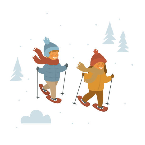 słodkie dzieci chłopiec i dziewczyna rakiety śnieżne w zimowym lesie izolowane wektor ilustracji kreskówki grafiki - snowshoeing snowshoe child winter stock illustrations