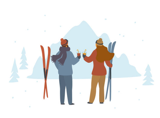 ilustrações, clipart, desenhos animados e ícones de homem e mulher esquiadores desfrutando férias de inverno nas montanhas, vista lateral traseira apres-ski isolado cena de ilustração vetorial - atividades depois de esquiar