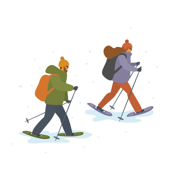 illustrazioni stock, clip art, cartoni animati e icone di tendenza di uomo e donna inverno racchette da neve isolato vettore cartone animato illustrazione scena - snowshoeing