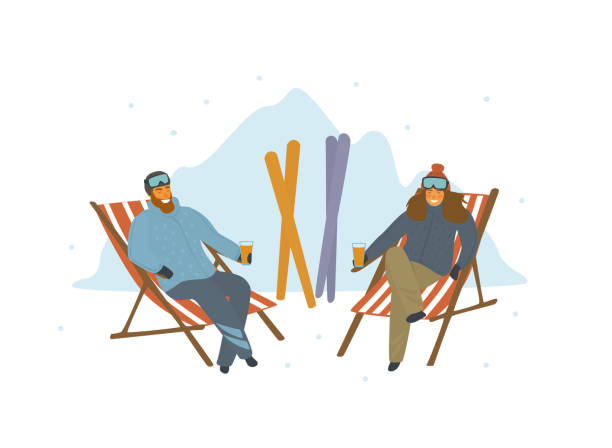 man and woman skiers relaxing after skiing on lounge chairs at resort, cartoon isolated vector illustration scene man and woman skiers relaxing after skiing on lounge chairs at resort, cartoon isolated vector illustration scene apres ski stock illustrations