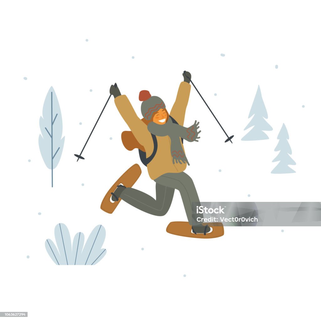 glad söt tjej snöskor i vinter skog isolerade vektorgrafik illustration - Royaltyfri Snöskovandring vektorgrafik