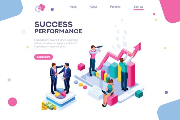 Success Concept Isometric Clip Art Success and motivation. Phone up with persons. Ambition as climb graph or achievement of goal. Consulting a commercial column as a step for career. Teach inspiration for high job performance. Vector advertising column stock illustrations