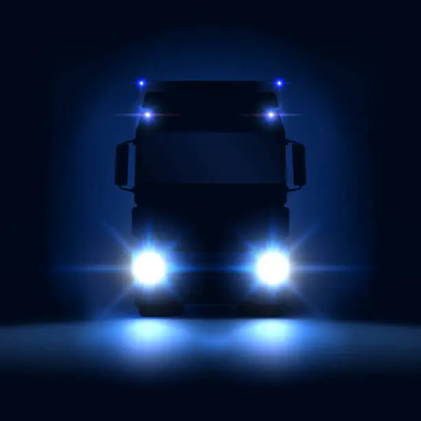 Vector illustration of Night silhouette big semi truck with bright headlights and semi riding on the dark night background, front view, vector illustration