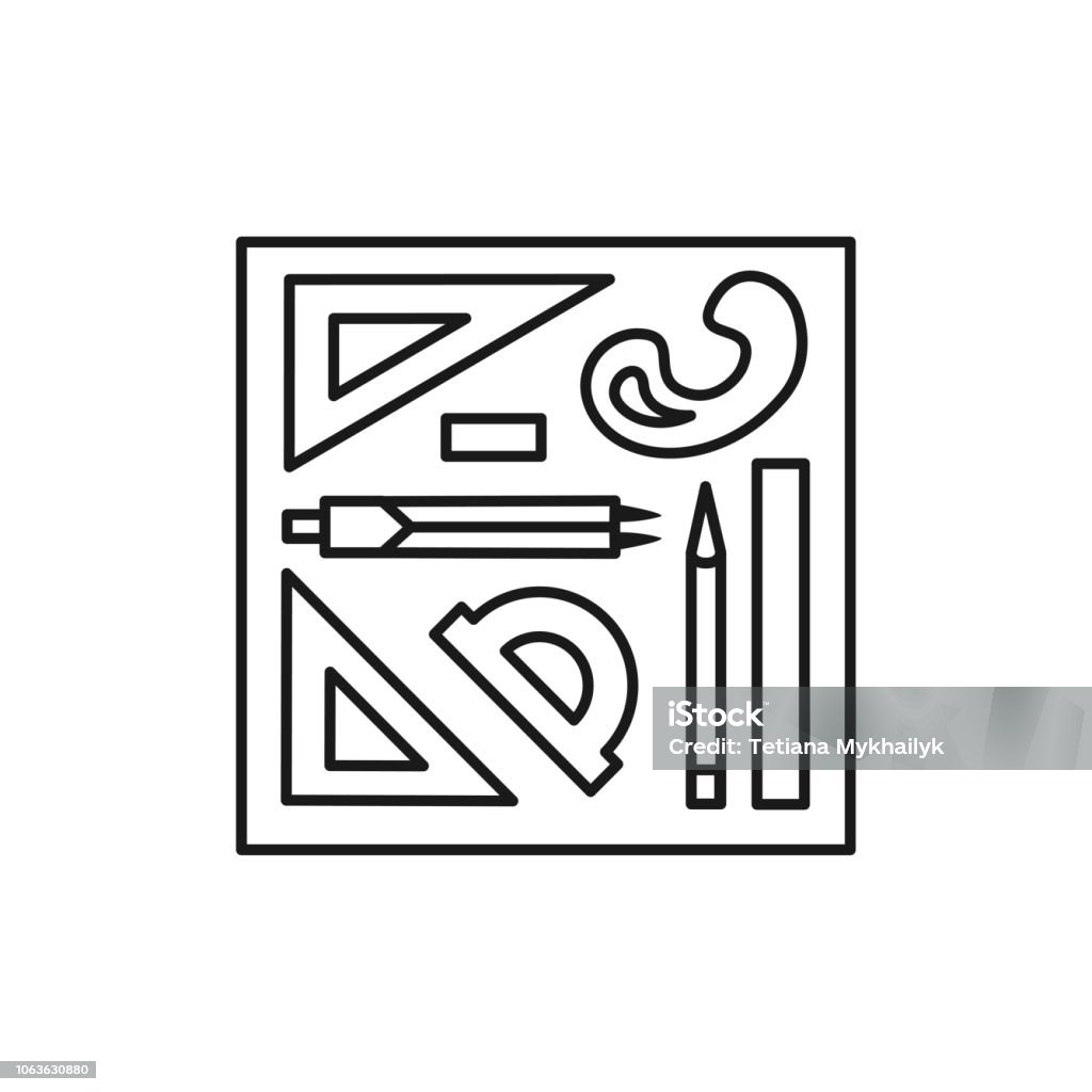 Black White Vector Illustration Of Drafting Kit With Ruler Pencil Triangle  Compass Divider Line Icon Of Instruments For Architect Drafter Draftsman  Technical Mechanical Drawing Tools Isolated Object Stock Illustration -  Download Image
