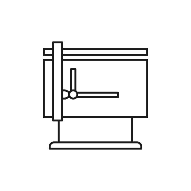 製図図面ボードによる工作機械テーブルの黒・白のベクトル イラスト。建築家、エンジニア、製図器の線のアイコン。技術・機械製図ツールです。孤立オブジェクト - drafting engineering industry instrument of measurement点のイラスト素材／クリップアート素材／マンガ素材／アイコン素材
