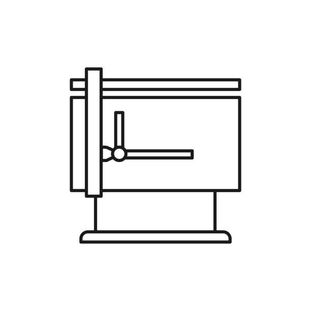 czarna & biała ilustracja wektorowa stołu maszyny do rysowania z deską kreślarową. ikona linii instrumentu dla architekta, inżyniera, rysownika. techniczne & mechaniczne narzędzie do rysowania. obiekt izolowany - drafting ruler architecture blueprint stock illustrations