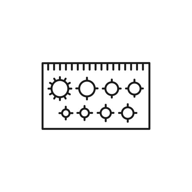 ilustrações de stock, clip art, desenhos animados e ícones de black & white vector illustration of drafting template ruler with circles. line icon of stencil for architect, drafter, draftsman. technical & mechanical drawing tool. isolated object - drafting ruler architecture blueprint