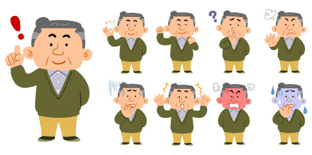 ilustraciones, imágenes clip art, dibujos animados e iconos de stock de hombres de mediana edad con clases ropa casual 9 de poses y expresión establece todo el cuerpo - uncle