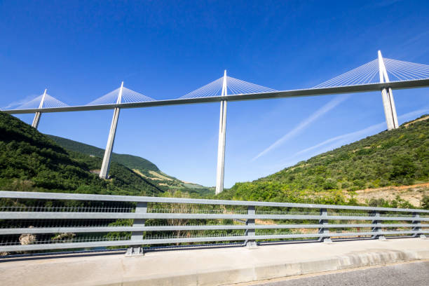 Low angle view of the Črni Kal Viaduct, Slovenia’s longest and highest viaduct, spanning across rugged terrain and valleys. Under it new viaduct for the railway still in construction.