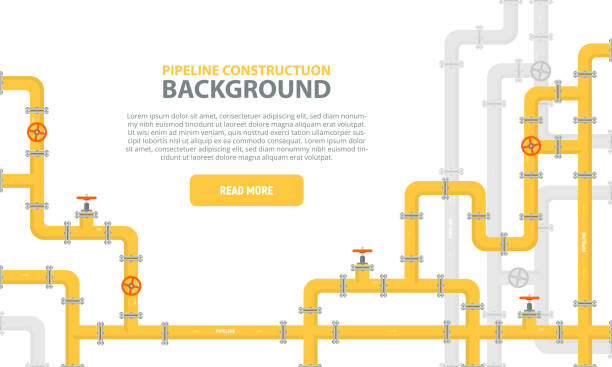 Industrial background with yellow pipeline. Web banner template. Vector illustration in a flat style. Industrial background with yellow pipeline. Oil, water or gas pipeline with fittings and valves. Web banner template. Vector illustration in a flat style. air valve stock illustrations