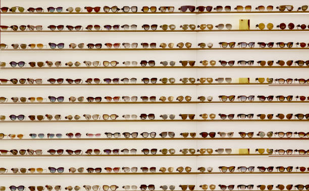 Showcase with different sun glasses in the store