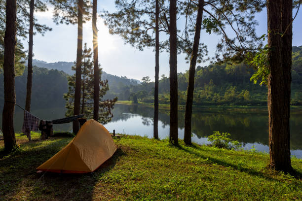 istock Camping and tent near river with view mountain 1063649490