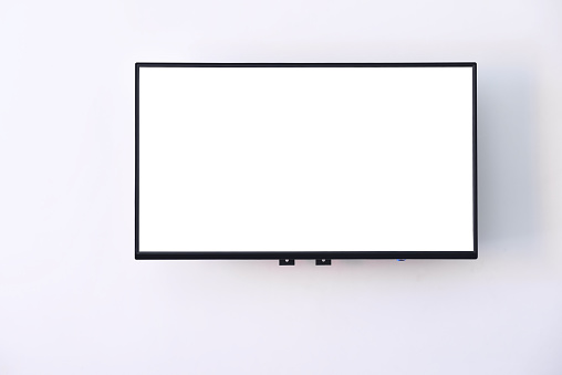 White wide screen TV digital hanging on white wall background