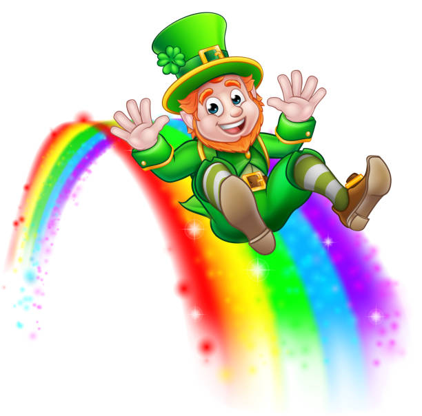 St Patricks Day Leprechaun Rainbow Slide A cute St Patricks day leprechaun cartoon character sliding down a rainbow sliding down stock illustrations