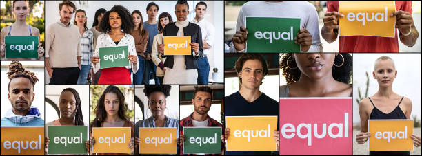 Group of different ethnicities people standing for equal rights and justice Group of different ethnicities people standing for equal rights and justice. racial equality stock pictures, royalty-free photos & images