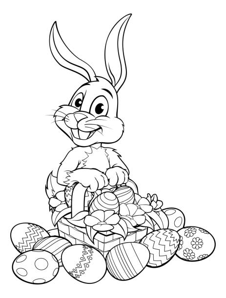 ilustrações de stock, clip art, desenhos animados e ícones de easter bunny rabbit with basket of eggs - rabbit vector black composition