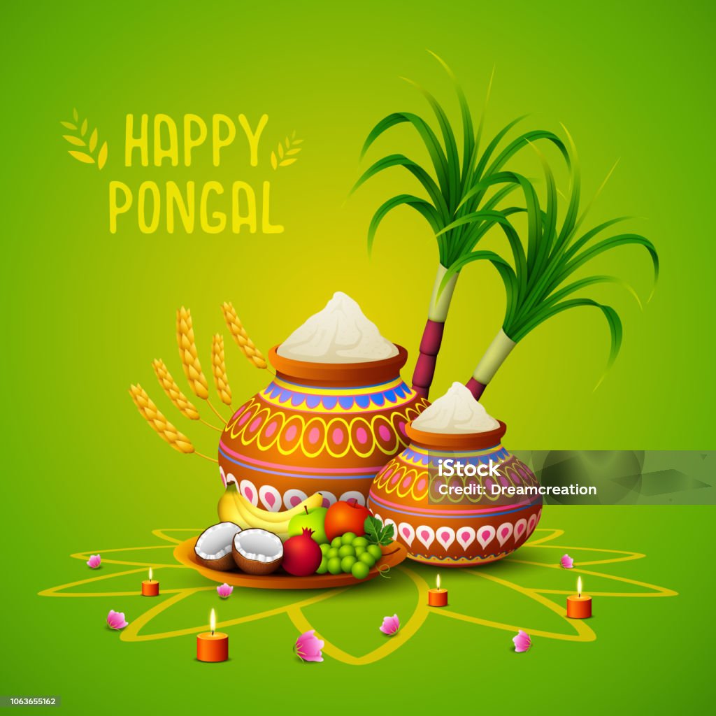 Happy Pongal Greeting Card On Green Background Stock Illustration ...