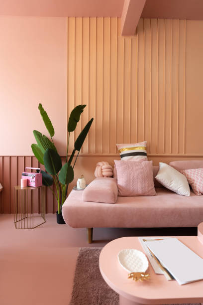 istock Cozy living room corner with pink sofa covered with comfprtable pink pillows on decorated wall background feature and artificial plant on the left side / cozy interior concept / decoration idea 1063657172