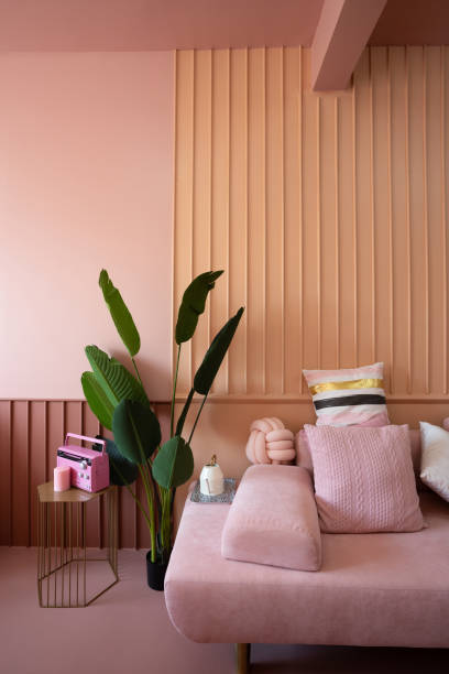 istock Cozy living room corner with pink sofa covered with comfprtable pink pillows on decorated wall background feature and artificial plant on the left side / cozy interior concept / decoration idea 1063657208