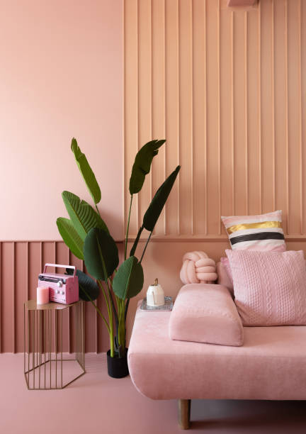 istock Cozy living room corner with pink sofa covered with comfprtable pink pillows on decorated wall background feature and artificial plant on the left side / cozy interior concept / decoration idea 1063657232