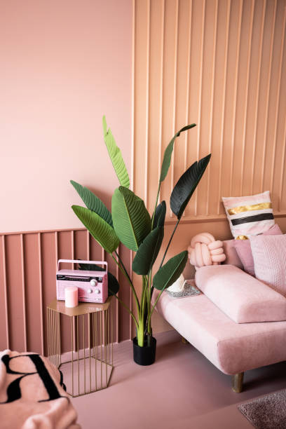 istock Cozy living room corner with pink sofa covered with comfprtable pink pillows on decorated wall background feature and artificial plant on the left side / cozy interior concept / decoration idea 1063657282