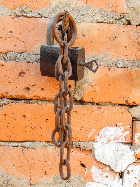 istock old rusty lock nailed to a wall with a chain 1063657462